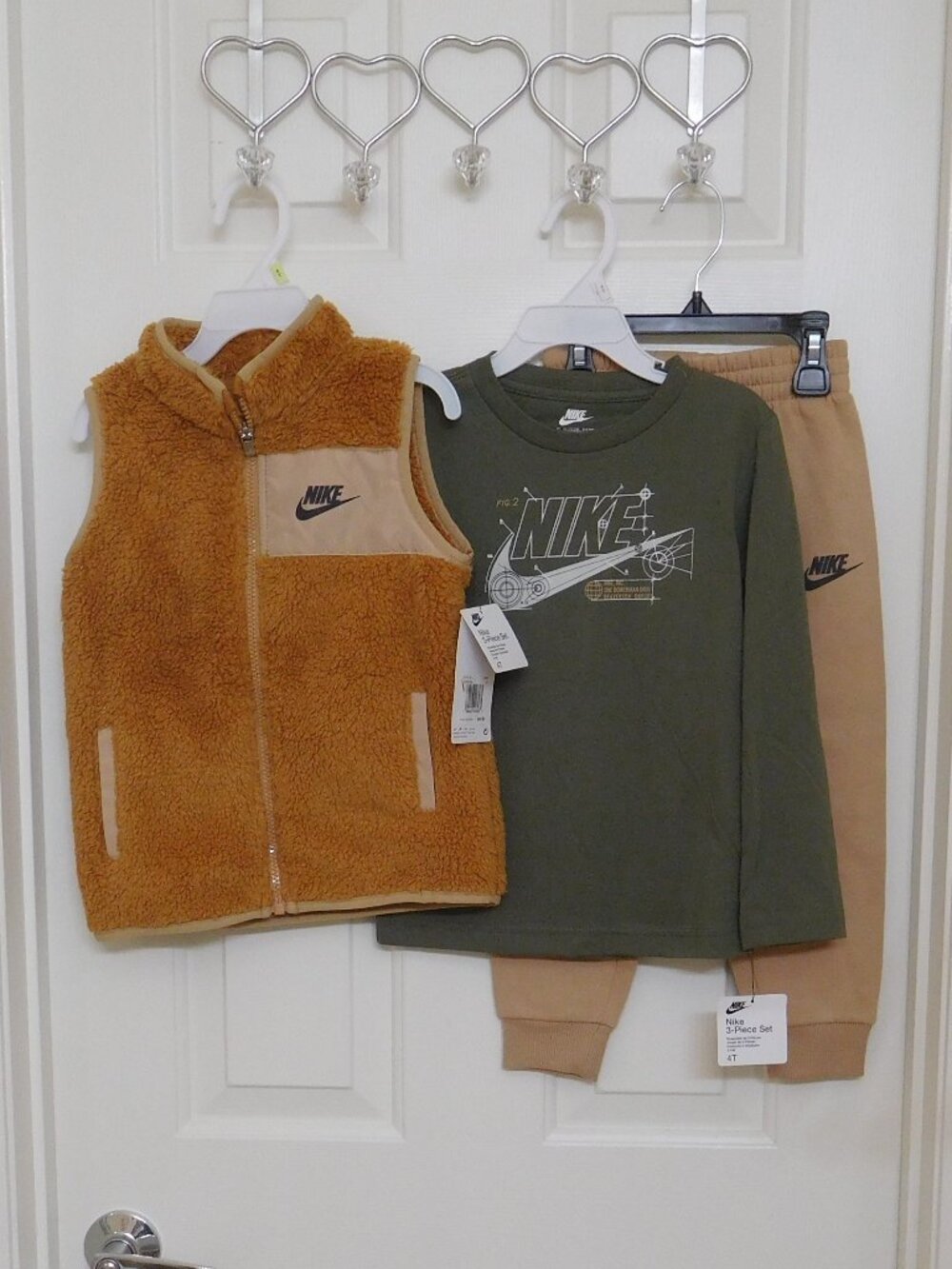 NWT 3pc Nike Beige Fleece Vest Long Sleeve Olive Shirt & Joggers Set sz 2t